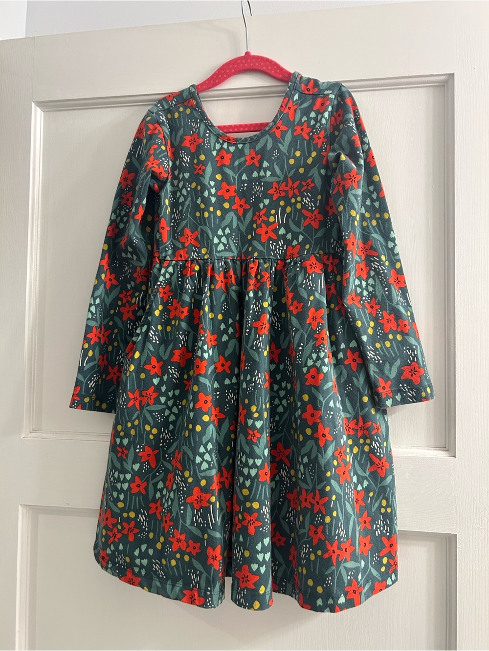 Hanna Andersson Green Floral Long-Sleeve Dress with Red Flowers Size 120/US 6-7